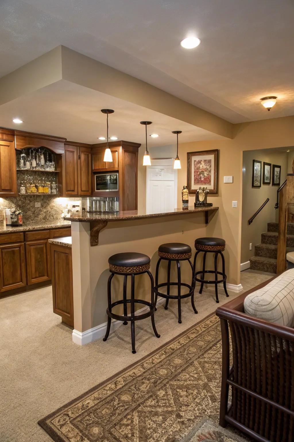 A bar area adds a social element to your kitchenette, perfect for gatherings.