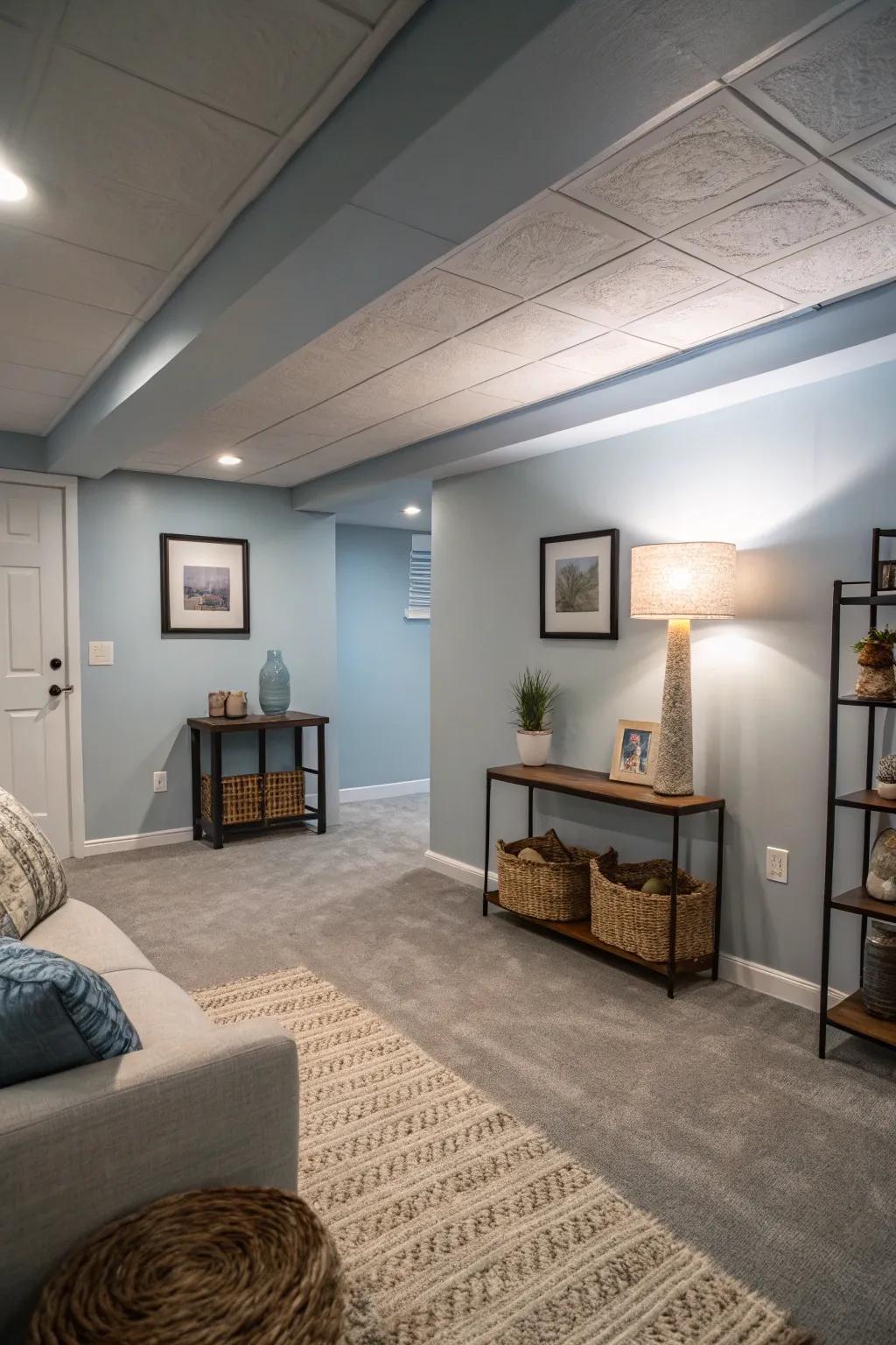 Muted blue walls evoke a sense of calm and relaxation.