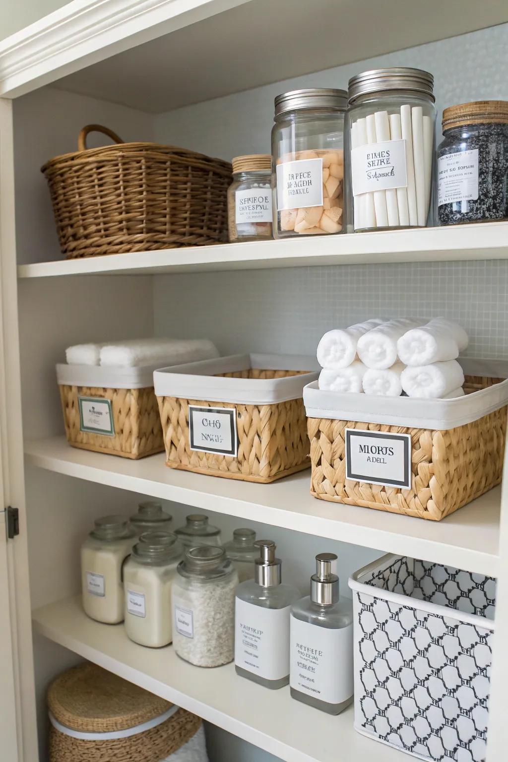 Labeled baskets and jars for easy and effective organization.