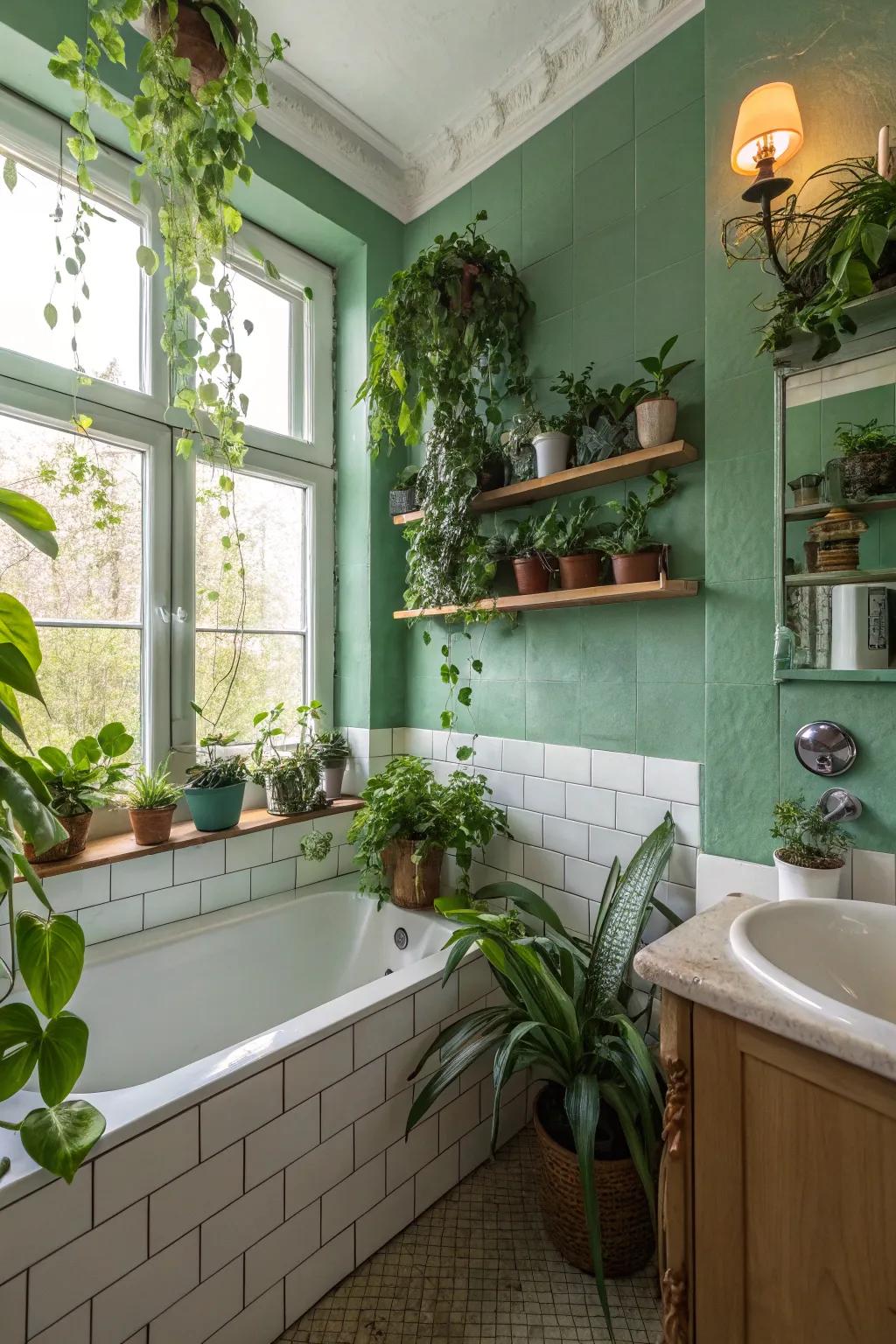 Nature-inspired greens provide a refreshing bathroom atmosphere.