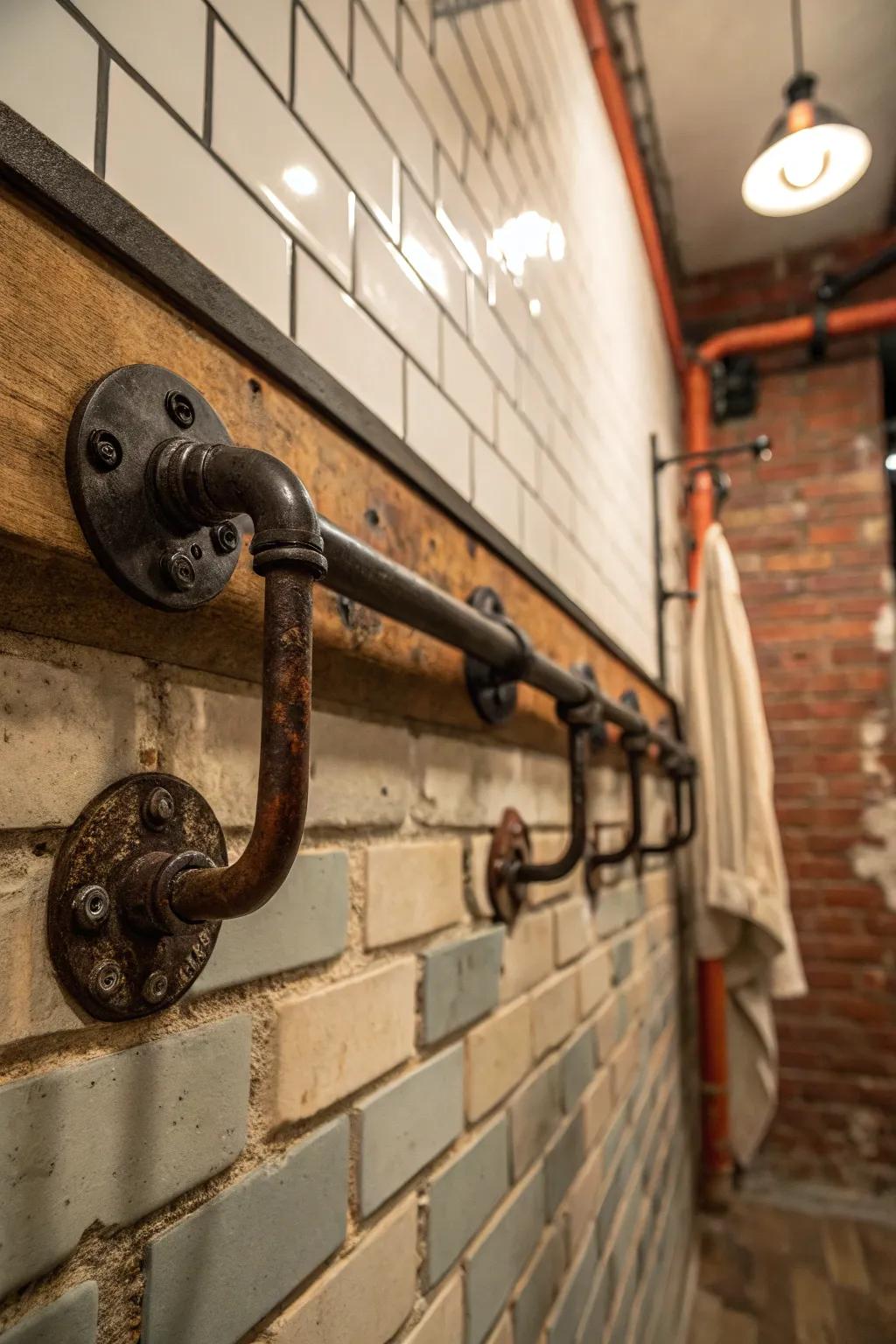 Industrial pipe hooks add a rugged charm.