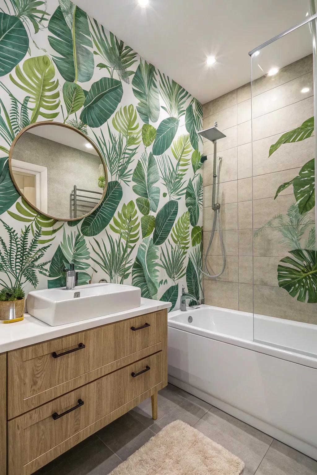 Turn your bathroom into a green oasis with botanical wallpaper.