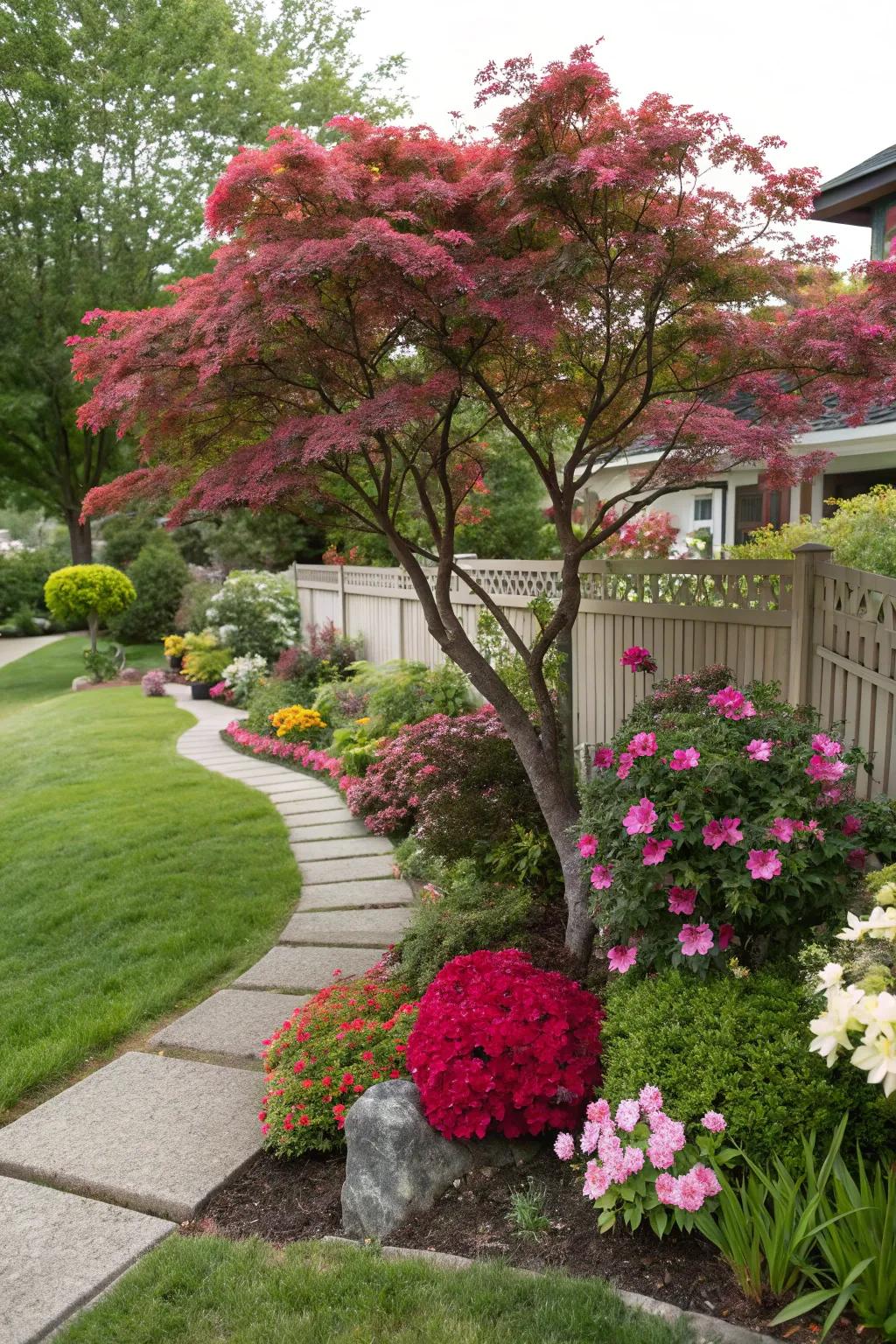 An ornamental tree adding elegance to the front yard.