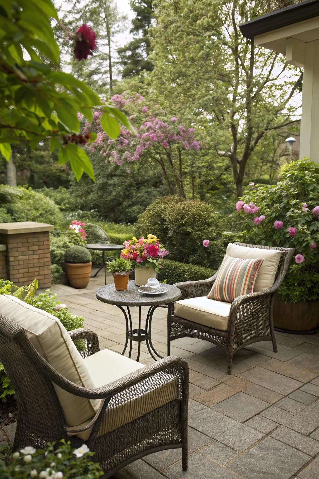 A cozy seating area amidst a garden, perfect for relaxing with a cup of coffee.