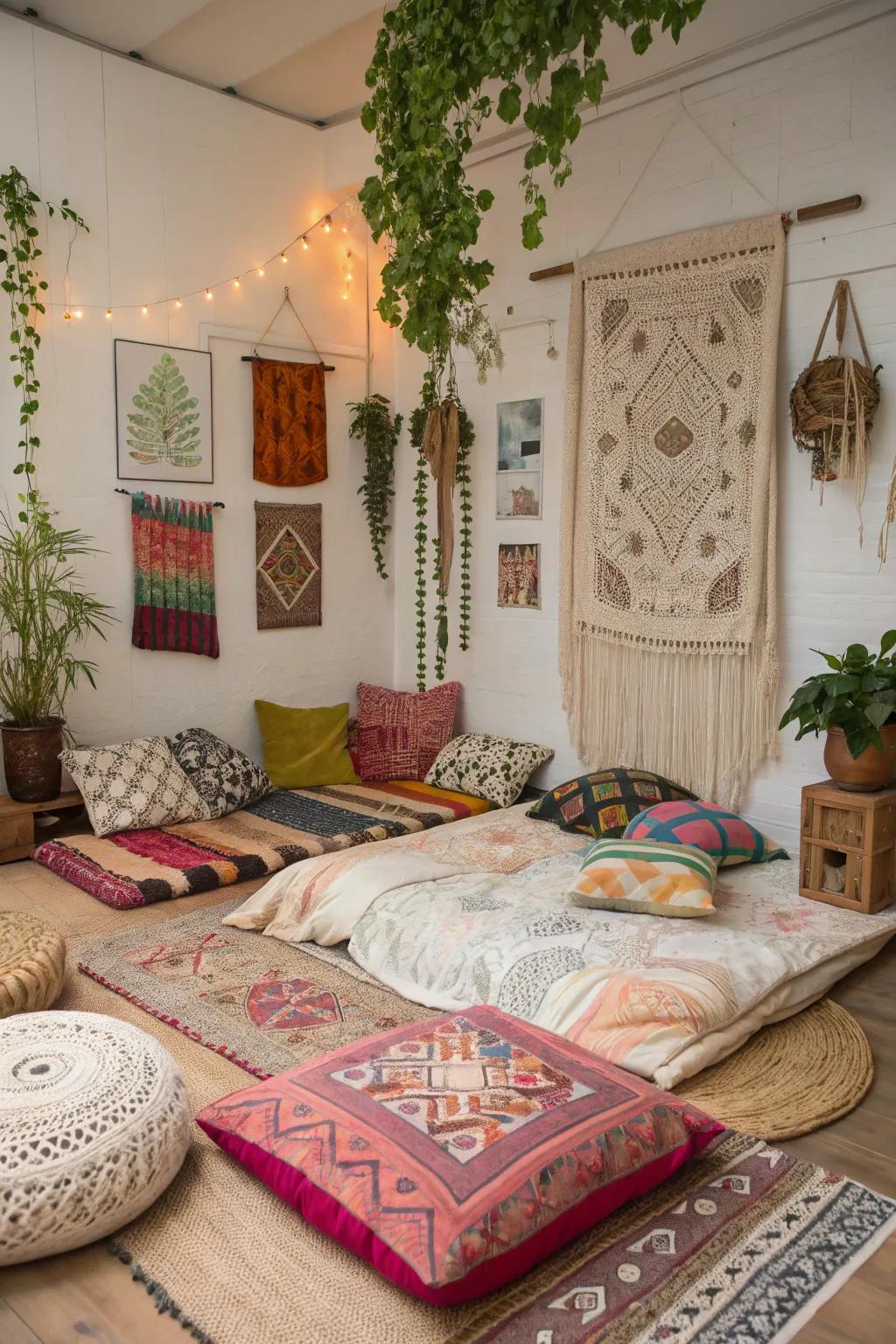 Embrace bohemian charm with a textured floor bed setup.