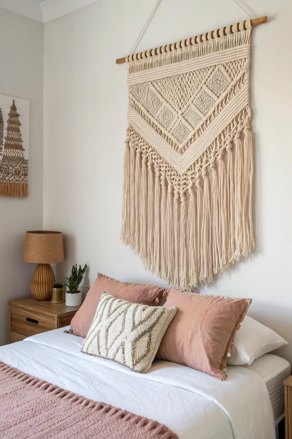 Woven art brings warmth and texture to your bedroom.