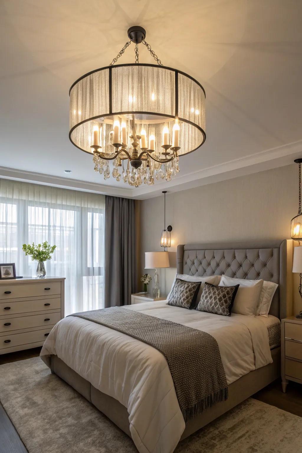 A bedroom transformed by the elegance of a statement light fixture.