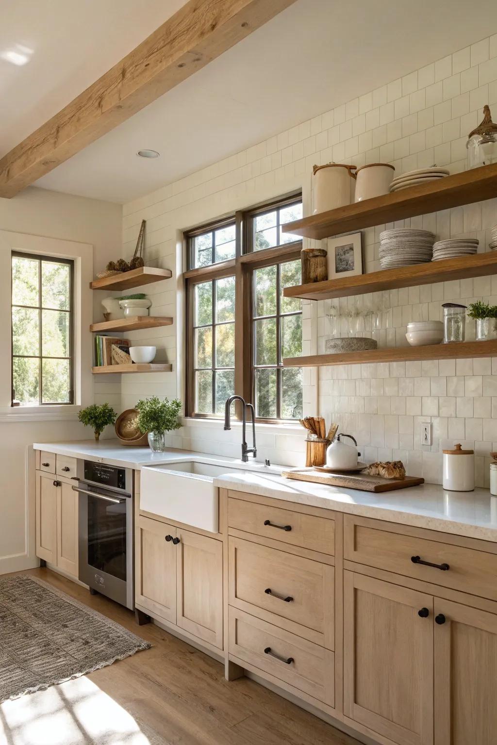 Natural wood elements bring warmth to the beige and white palette.