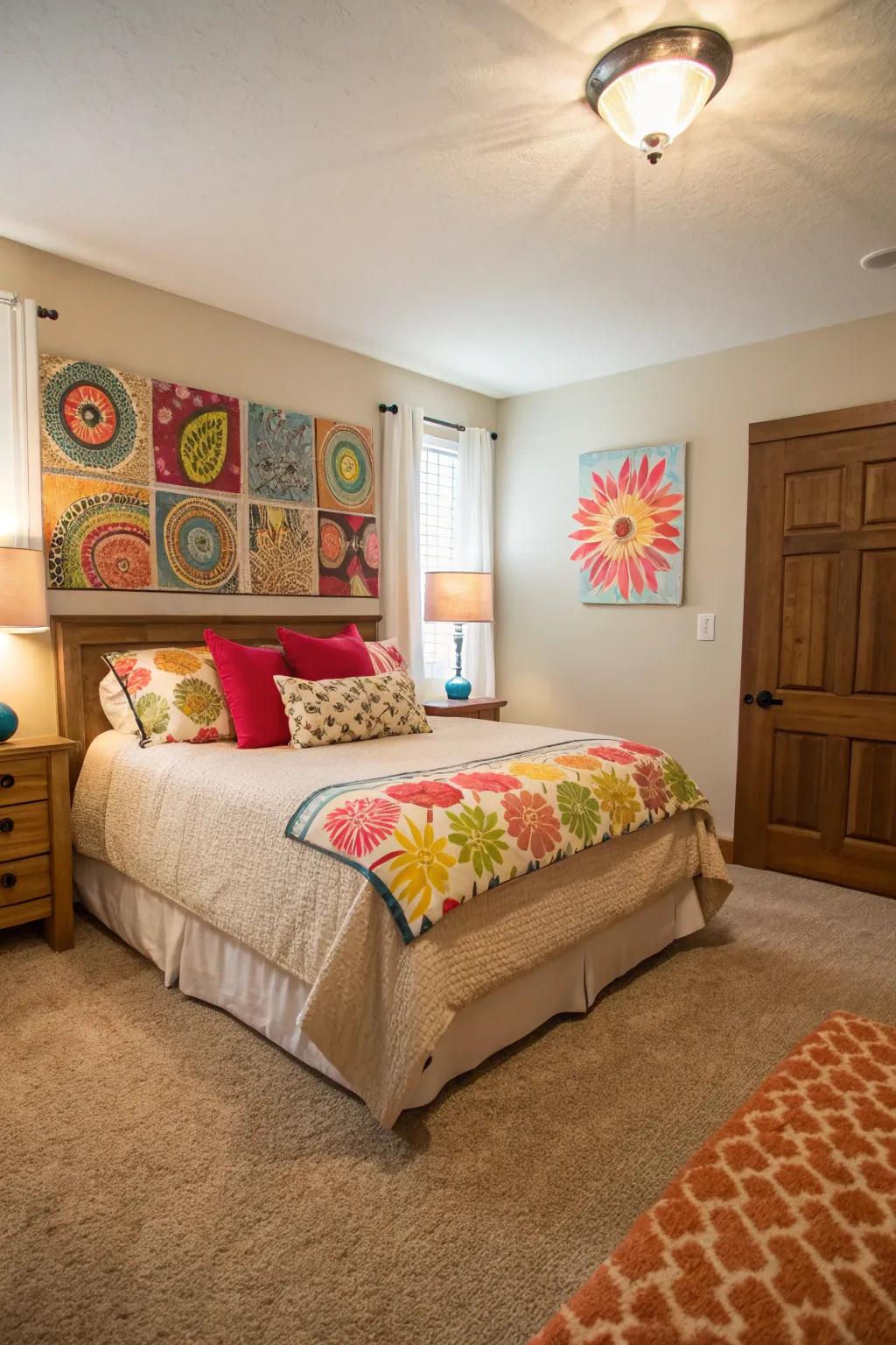Vibrant accents bring life to this bedroom, creating a striking contrast with the beige carpet.