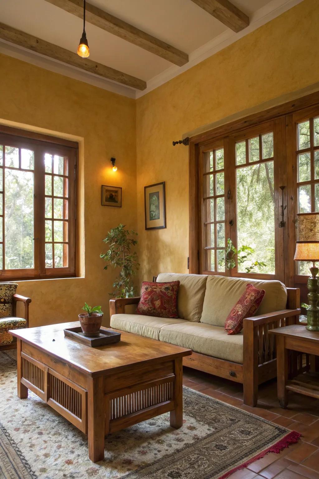 Warm ochre walls exude comfort and warmth.