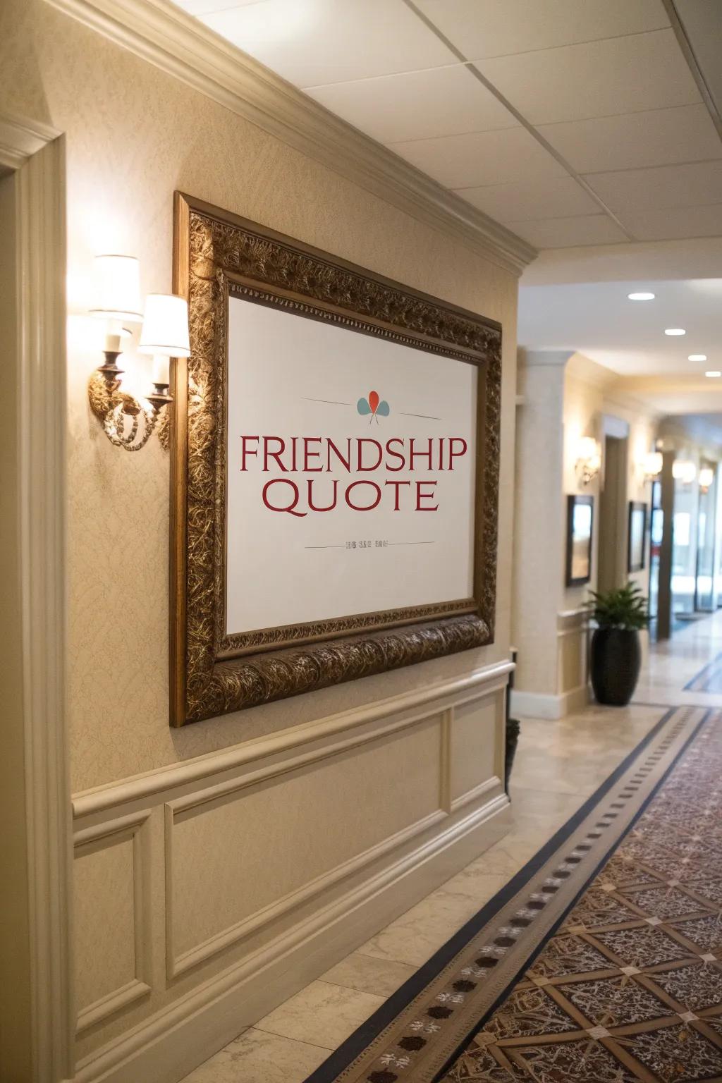 An inspiring friendship quote beautifully framed on a hallway wall.