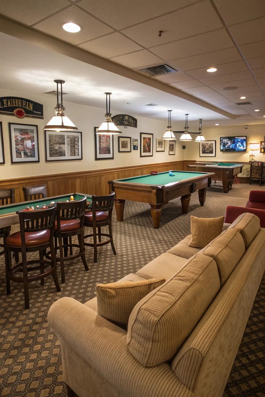 Comfortable seating arrangements in a welcoming billiard room.