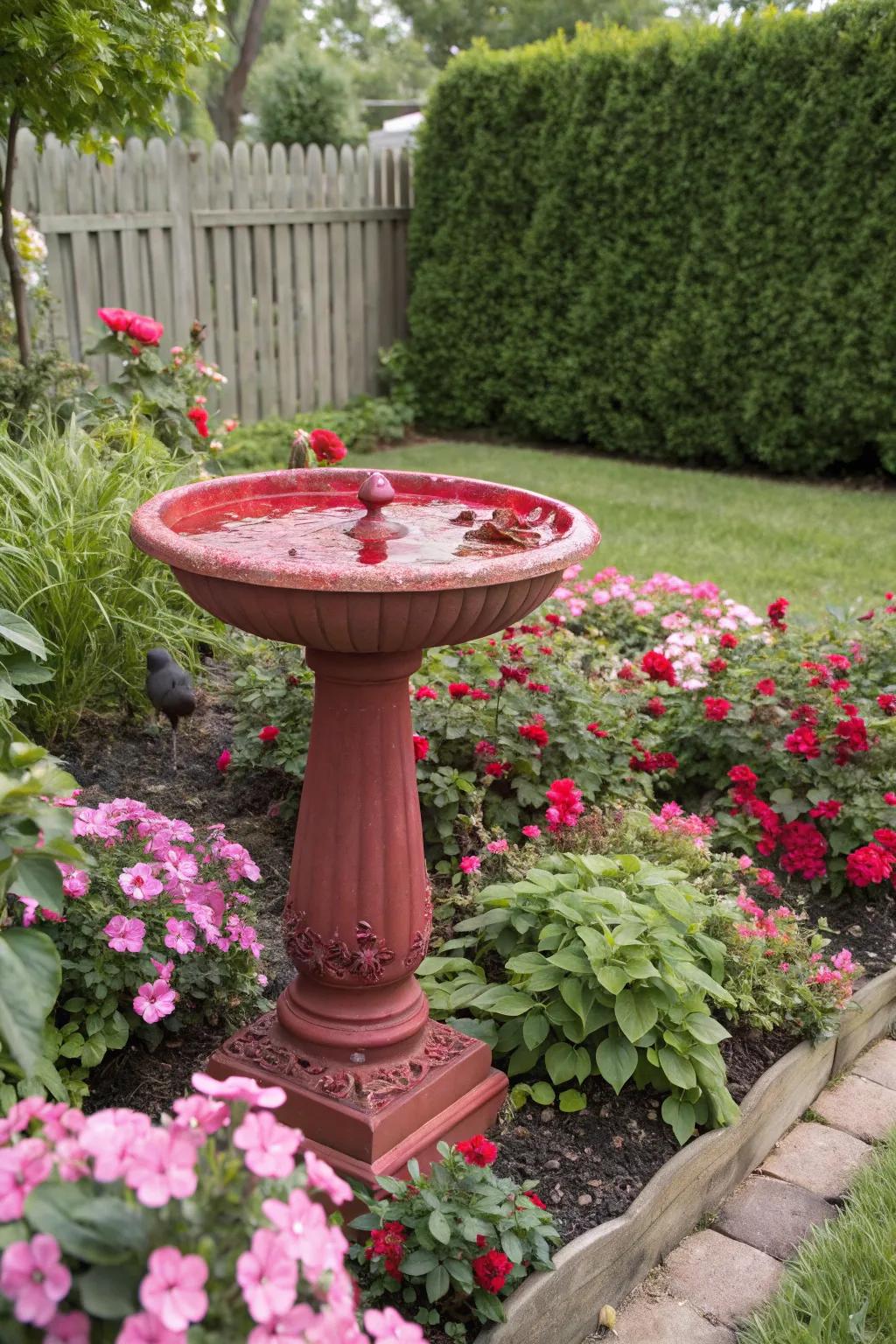 A striking red bird bath amidst a sea of pink and red blossoms, welcoming hummingbirds.