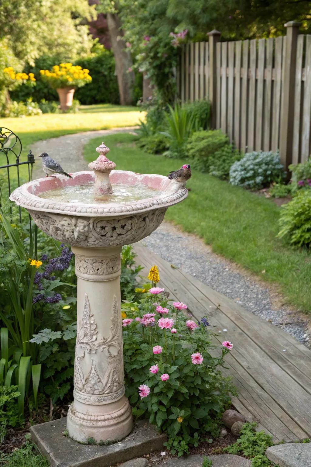 An upcycled sink bird bath stands as a unique garden feature.