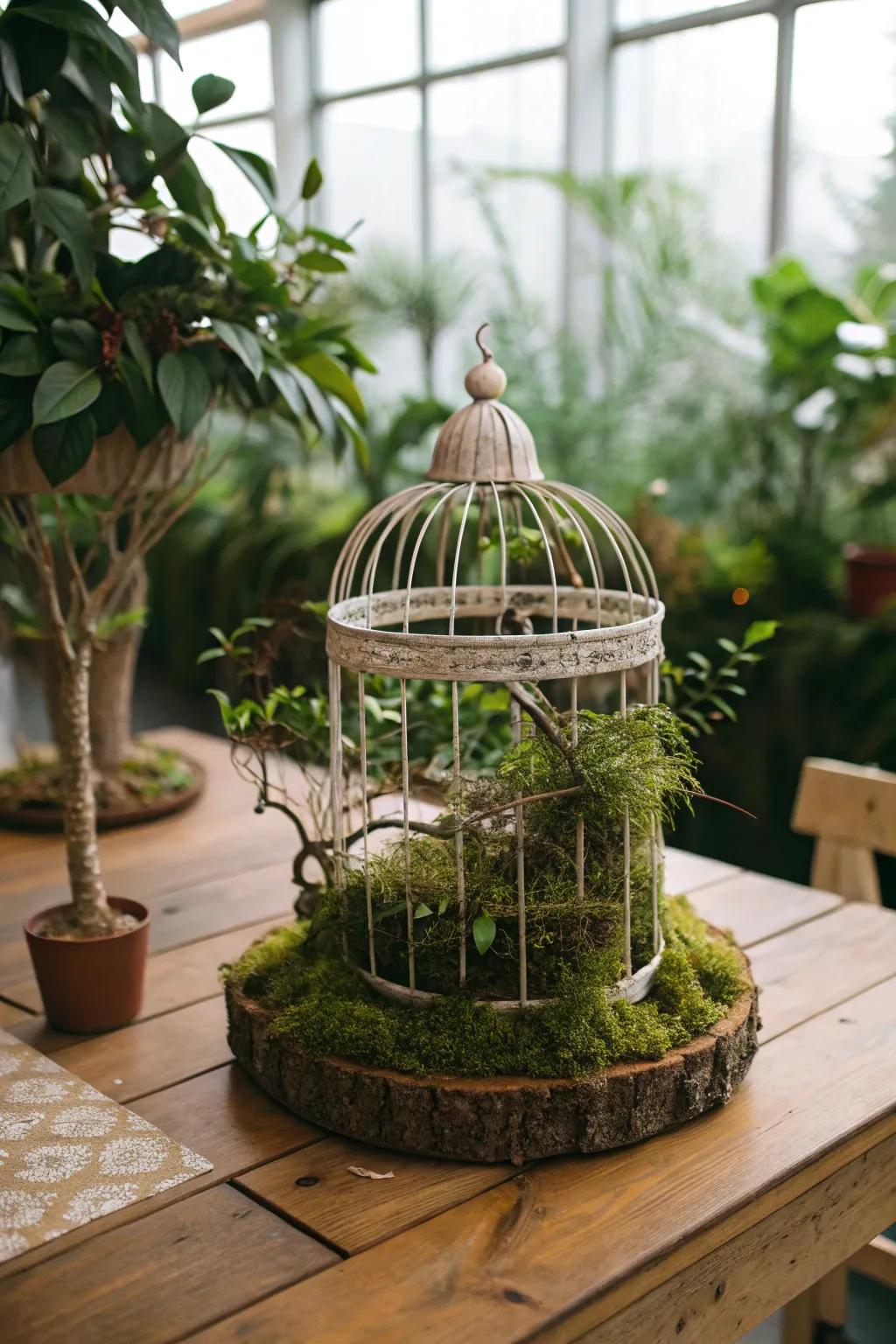 A bird cage centerpiece with natural elements for an earthy feel.