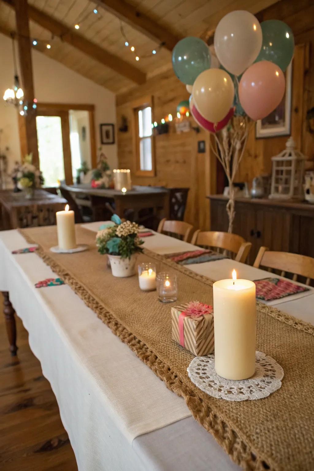 Burlap accents add a cozy, rustic charm to the table.