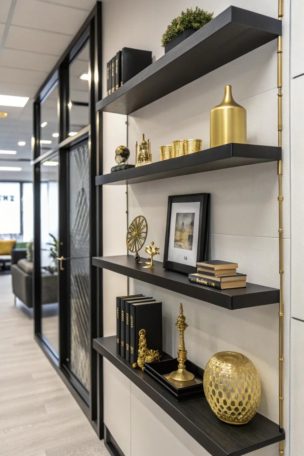 Black shelves with gold decor create a balanced and chic display.