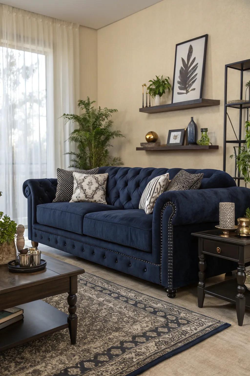 A velvety navy sofa serves as a luxurious statement piece.