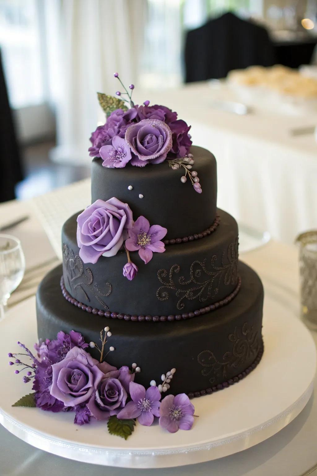 A dramatic wedding cake with black fondant and purple floral accents.