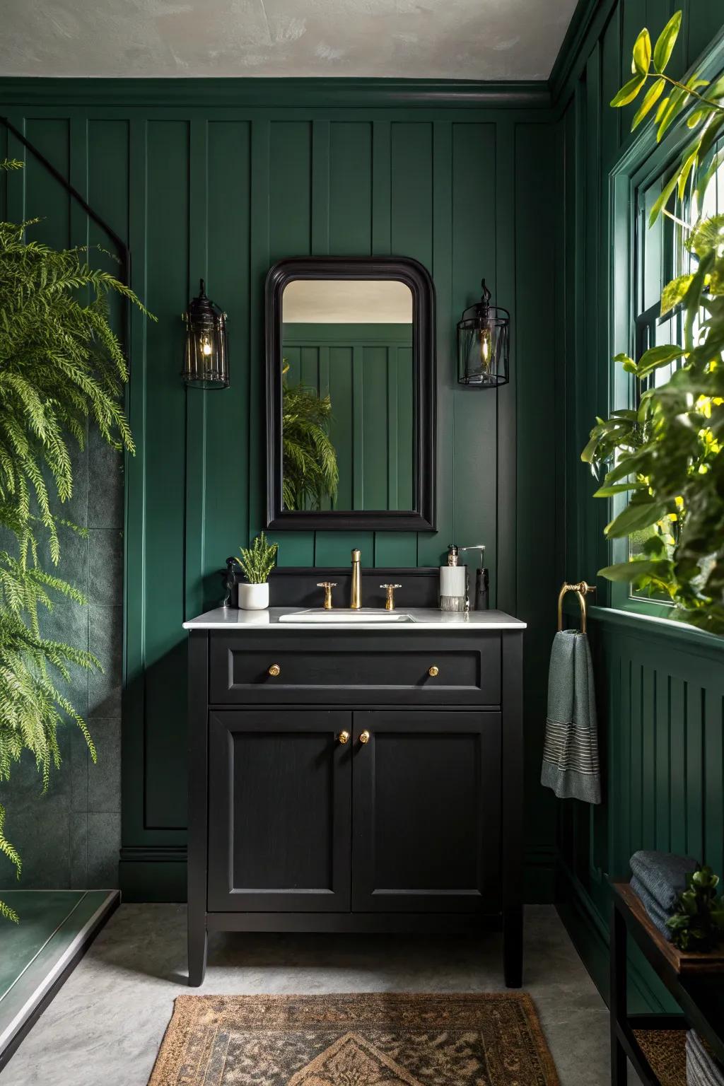 Deep green walls paired with black vanities evoke a sense of tranquility and sophistication.