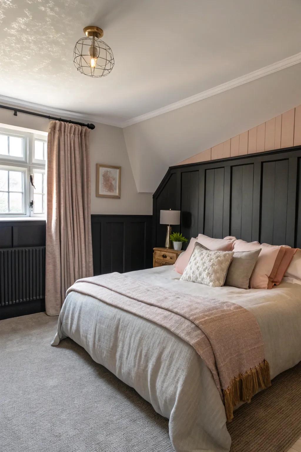 Cozy bedroom retreat with black wainscoting.