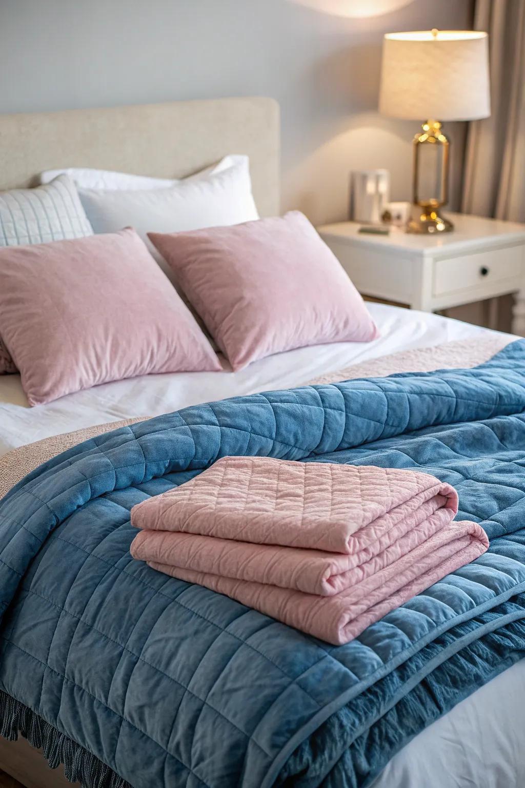 Textured bedding in blue and pink enhances the bedroom's comfort and style.