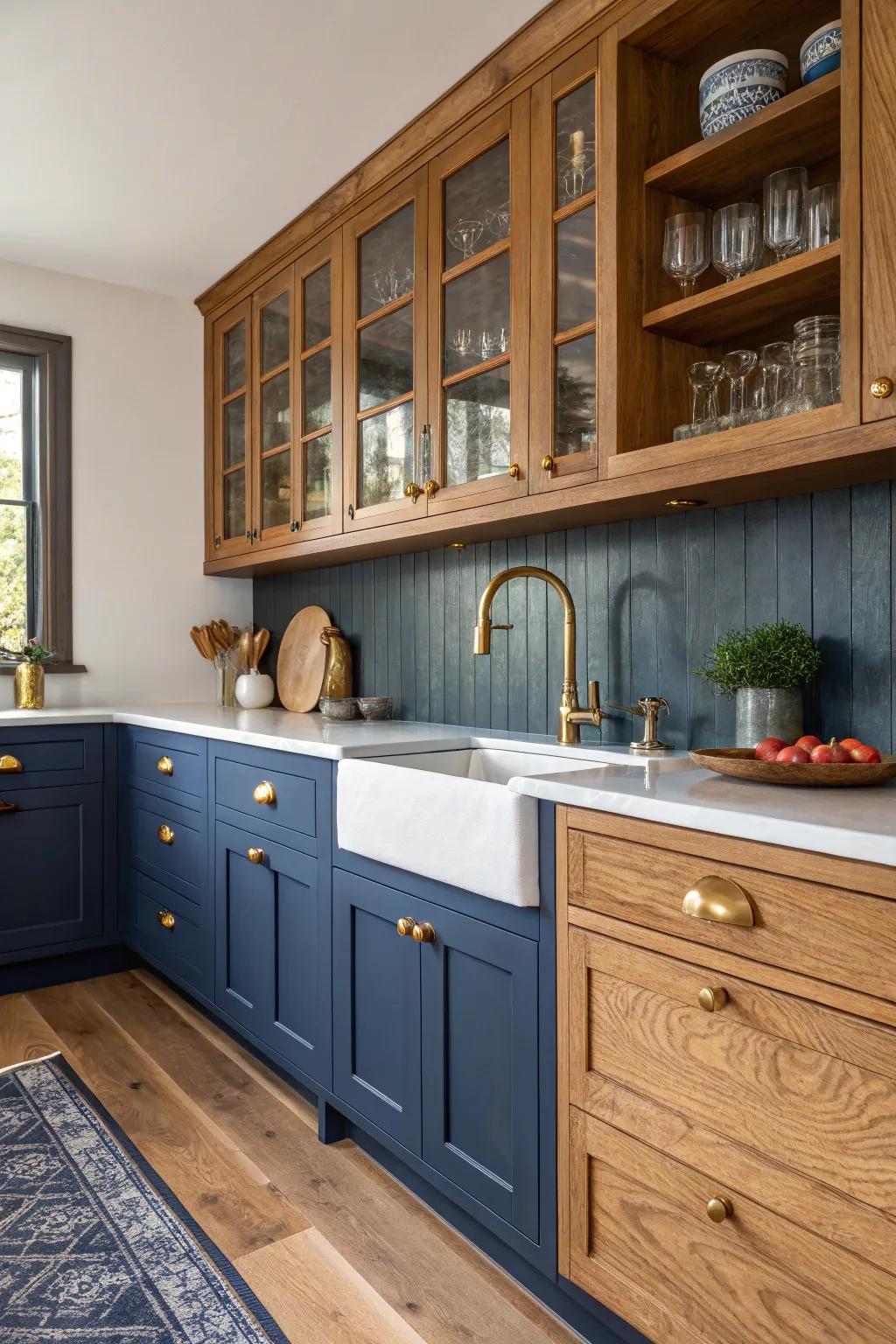 Indigo blue cabinets create a dramatic and cozy kitchen atmosphere with warm accents.