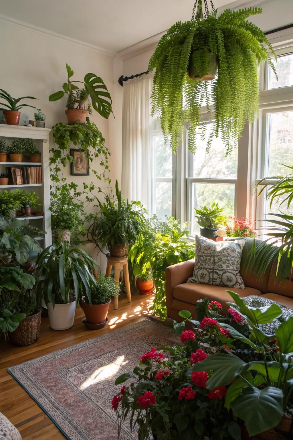 A lush bohemian living room with an abundance of greenery.