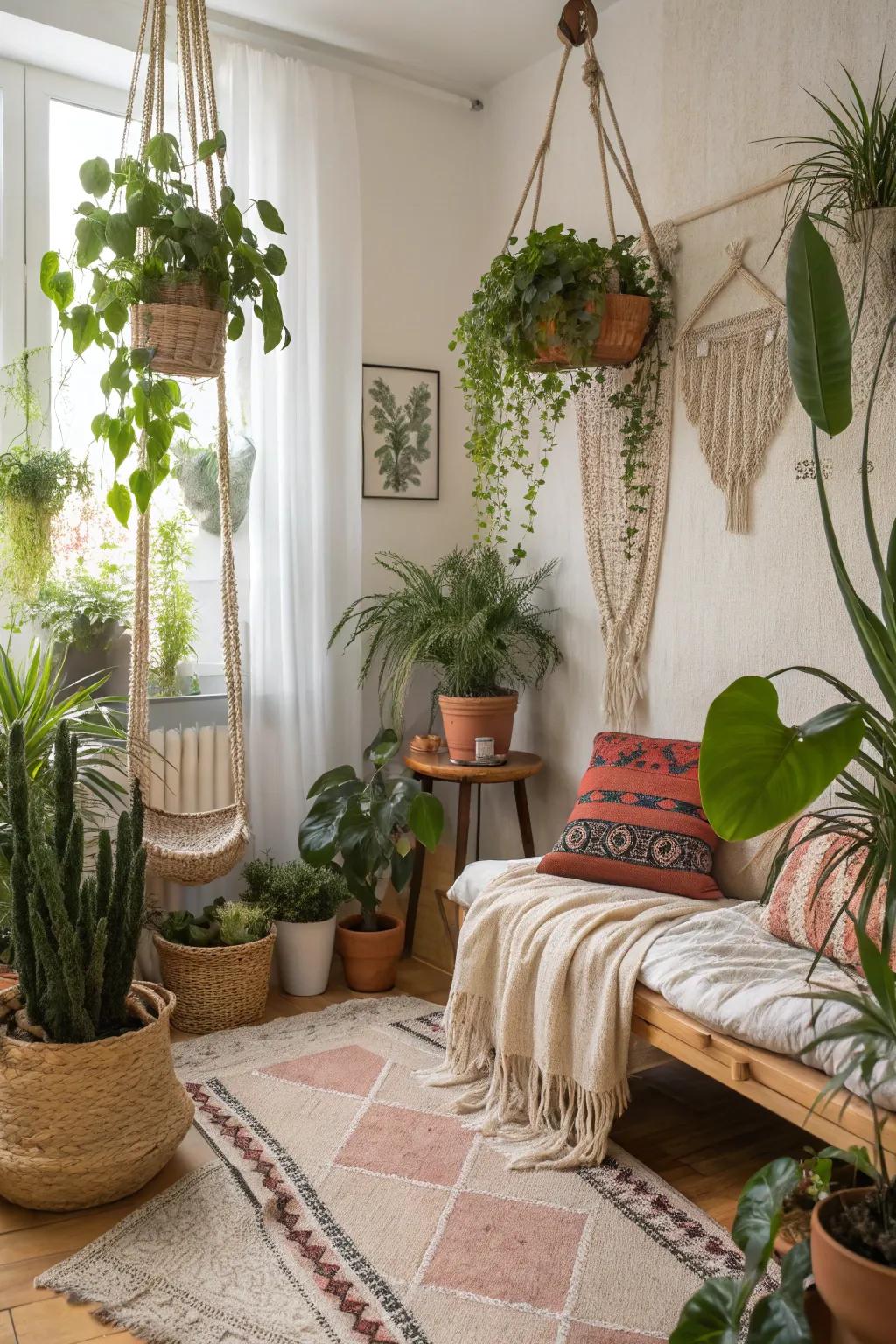 Indoor plants breathe life and freshness into a boho space.