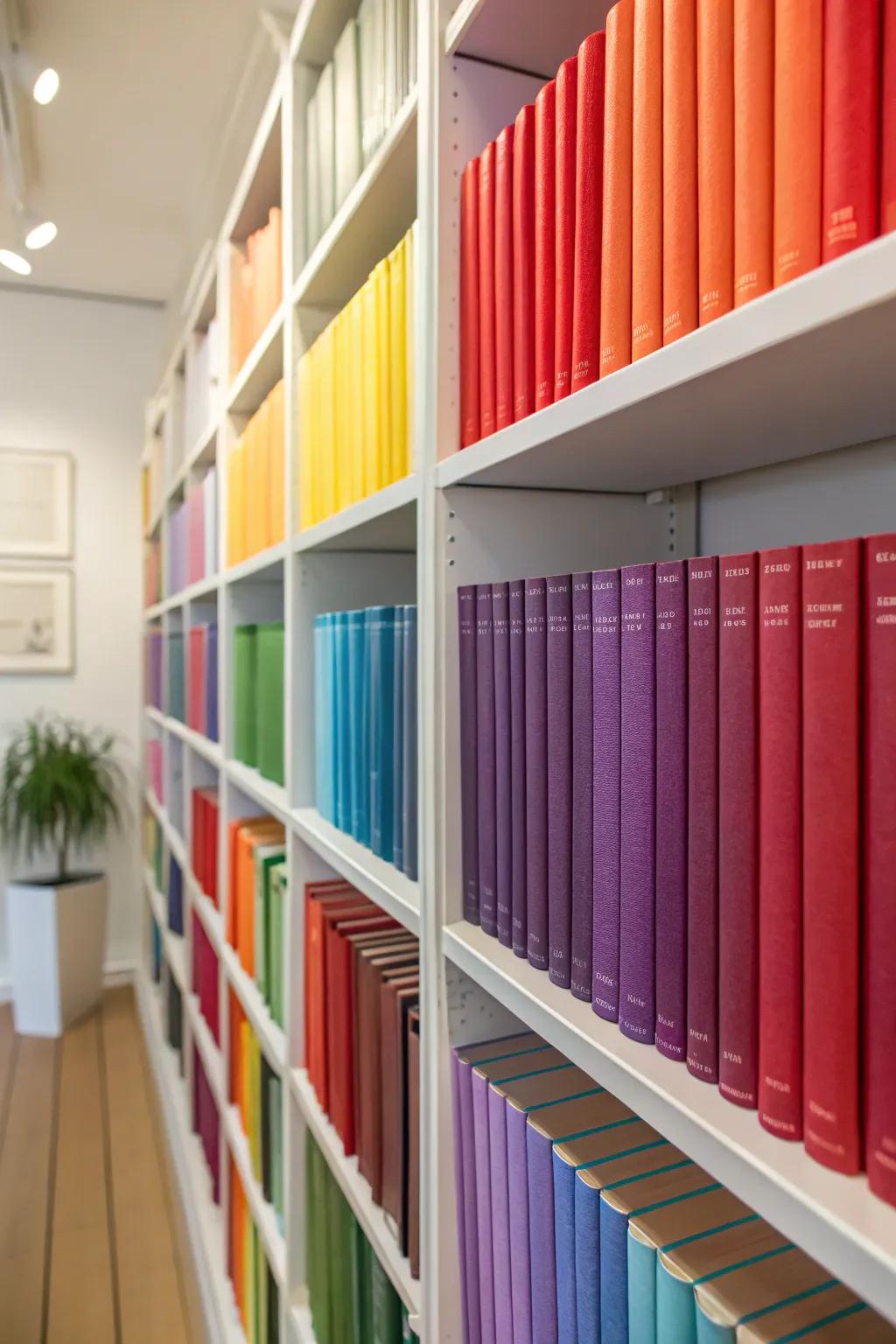 Color-coordinated bookshelves for a striking visual effect.