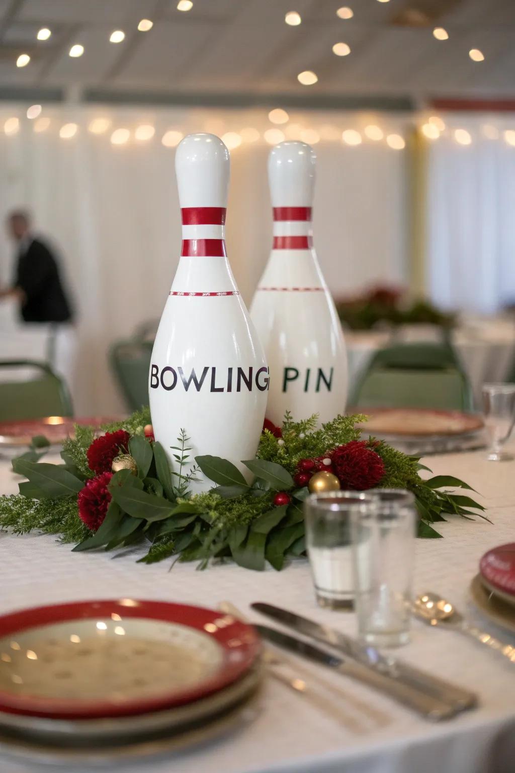 Personalized bowling pins add a thoughtful touch to your table.