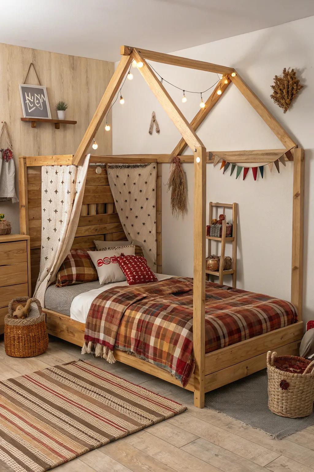 Escape to a rustic retreat with this cabin-style canopy bed.