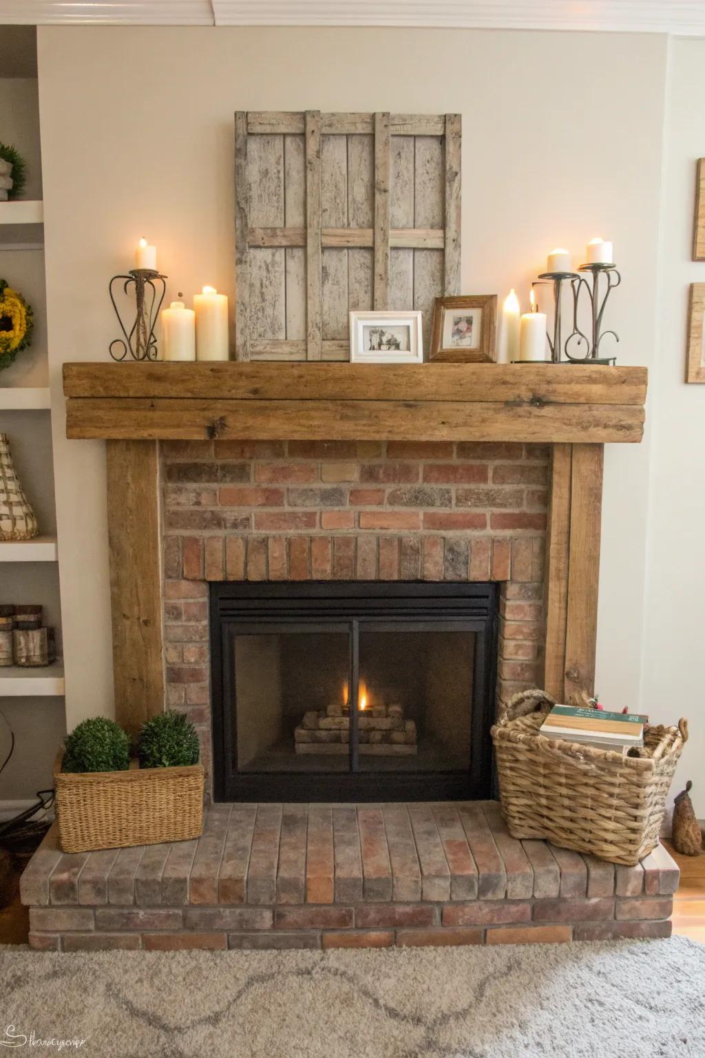 A brick hearth with a wooden mantel, adding rustic charm and functionality.