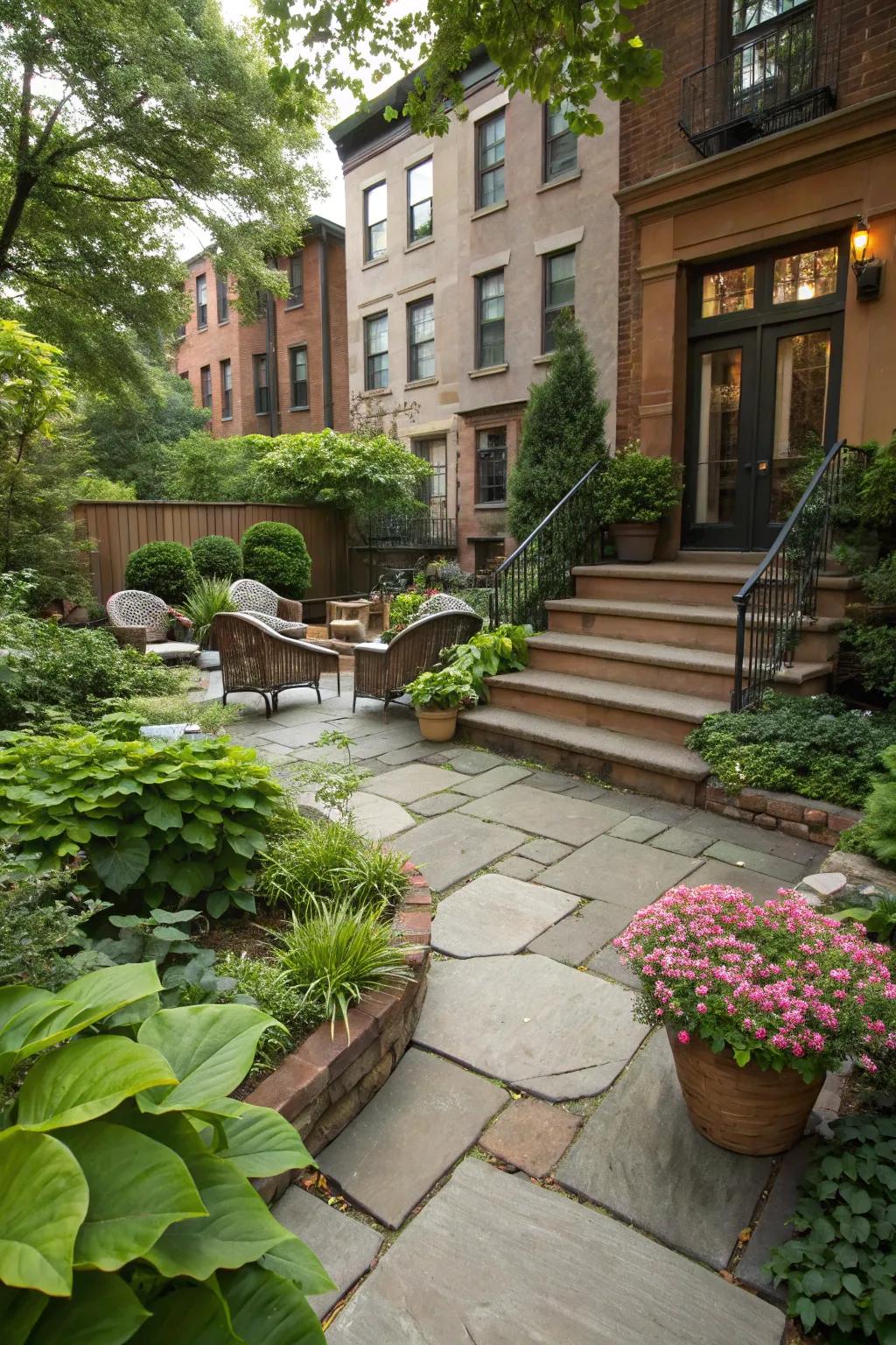 Chic hardscaping complements the greenery in this brownstone backyard.