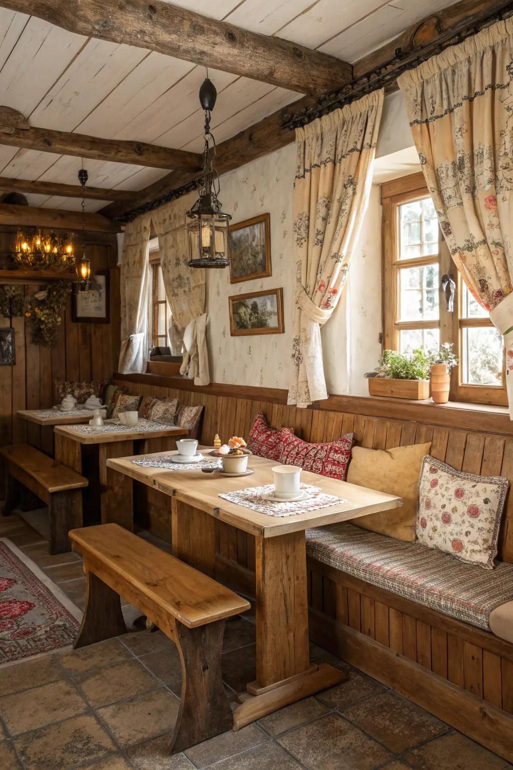 Rustic charm in the kitchen with wooden banquette seating.