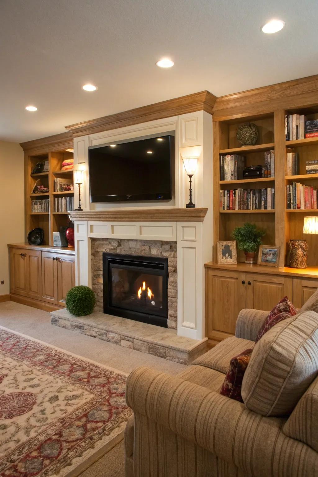 A mounted TV seamlessly integrates with the fireplace design.