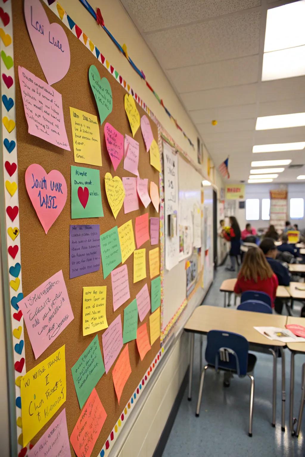 Interactive bulletin board with love notes for everyone to add to.