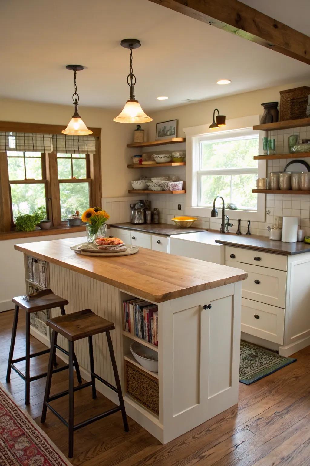 A bungalow kitchen featuring a practical island counter for added functionality.