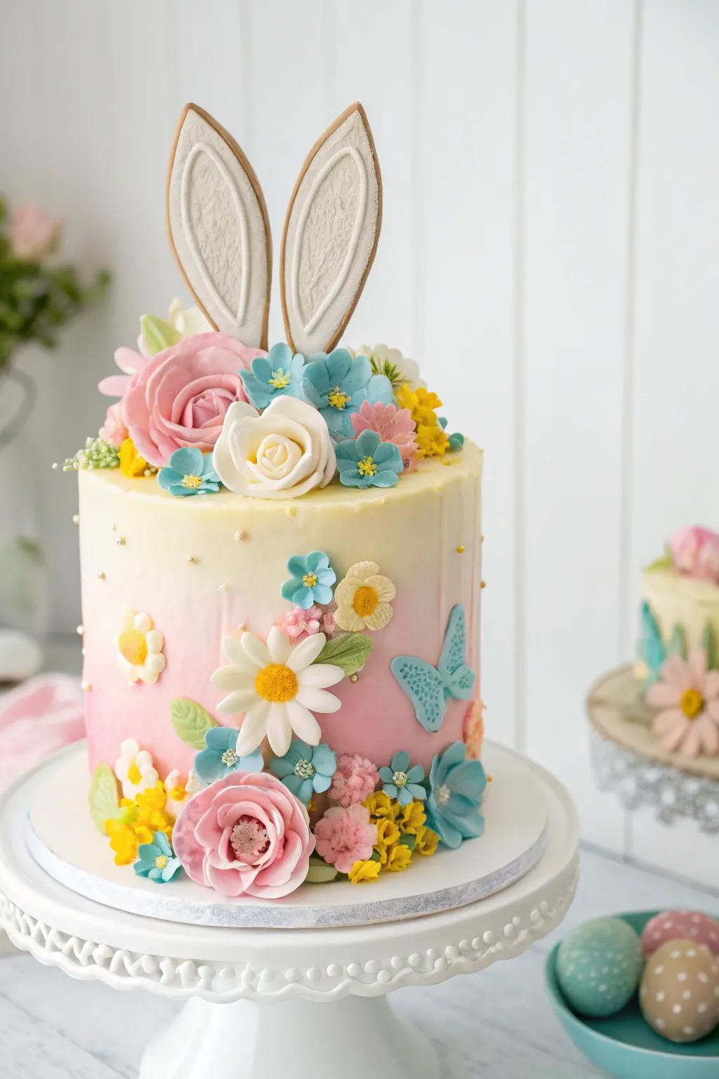 A whimsical bunny-topped cake perfect for the baby shower.