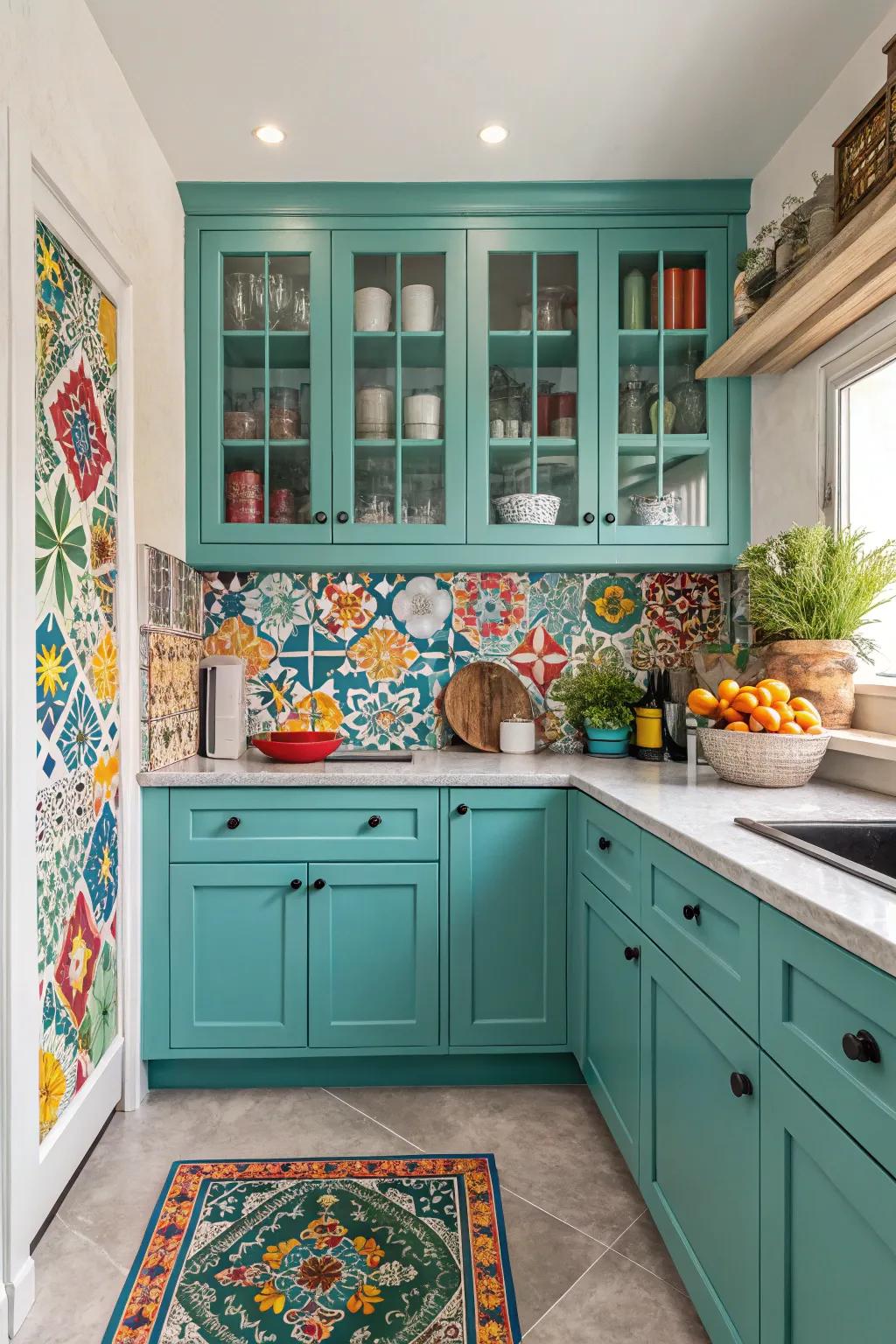 A colorful butler's pantry with teal cabinets and a striking backsplash.