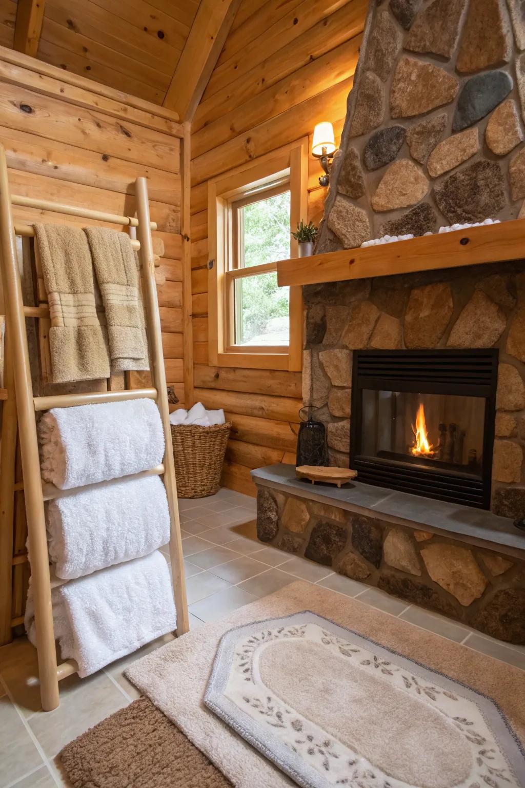 A cabin bathroom with plush rugs and soft towels for a cozy atmosphere.