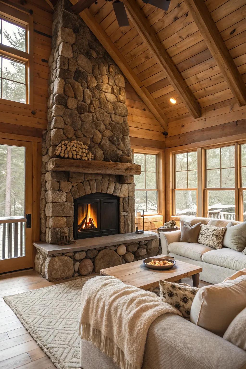 A stone fireplace creates a warm and inviting centerpiece.