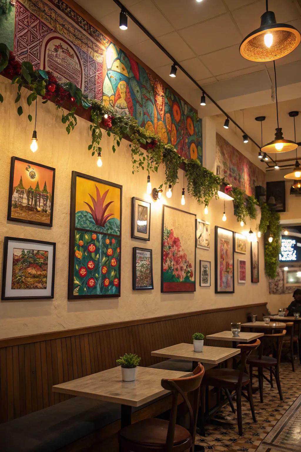 Colorful artwork in a cafe highlighted by well-placed accent lighting.