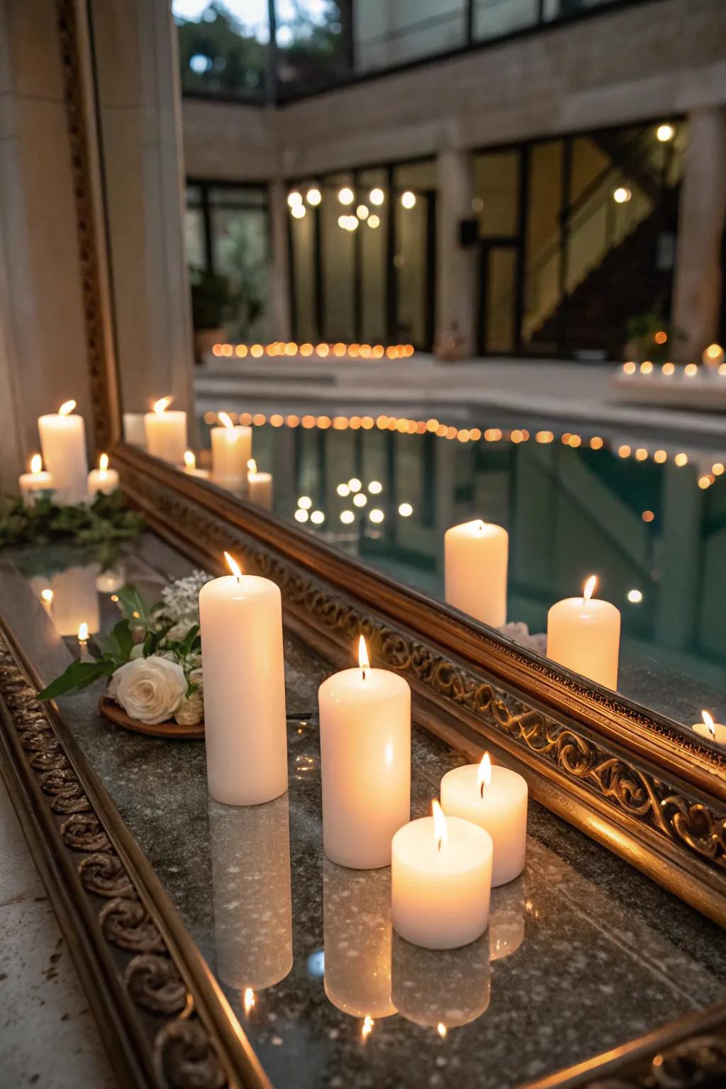 Candles placed on a mirror for a doubled light effect.