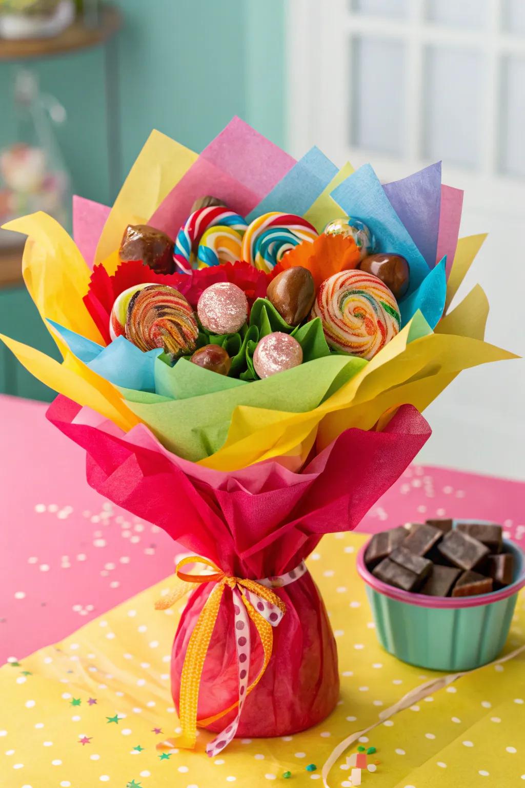 A candy bouquet wrapped in colorful tissue paper.