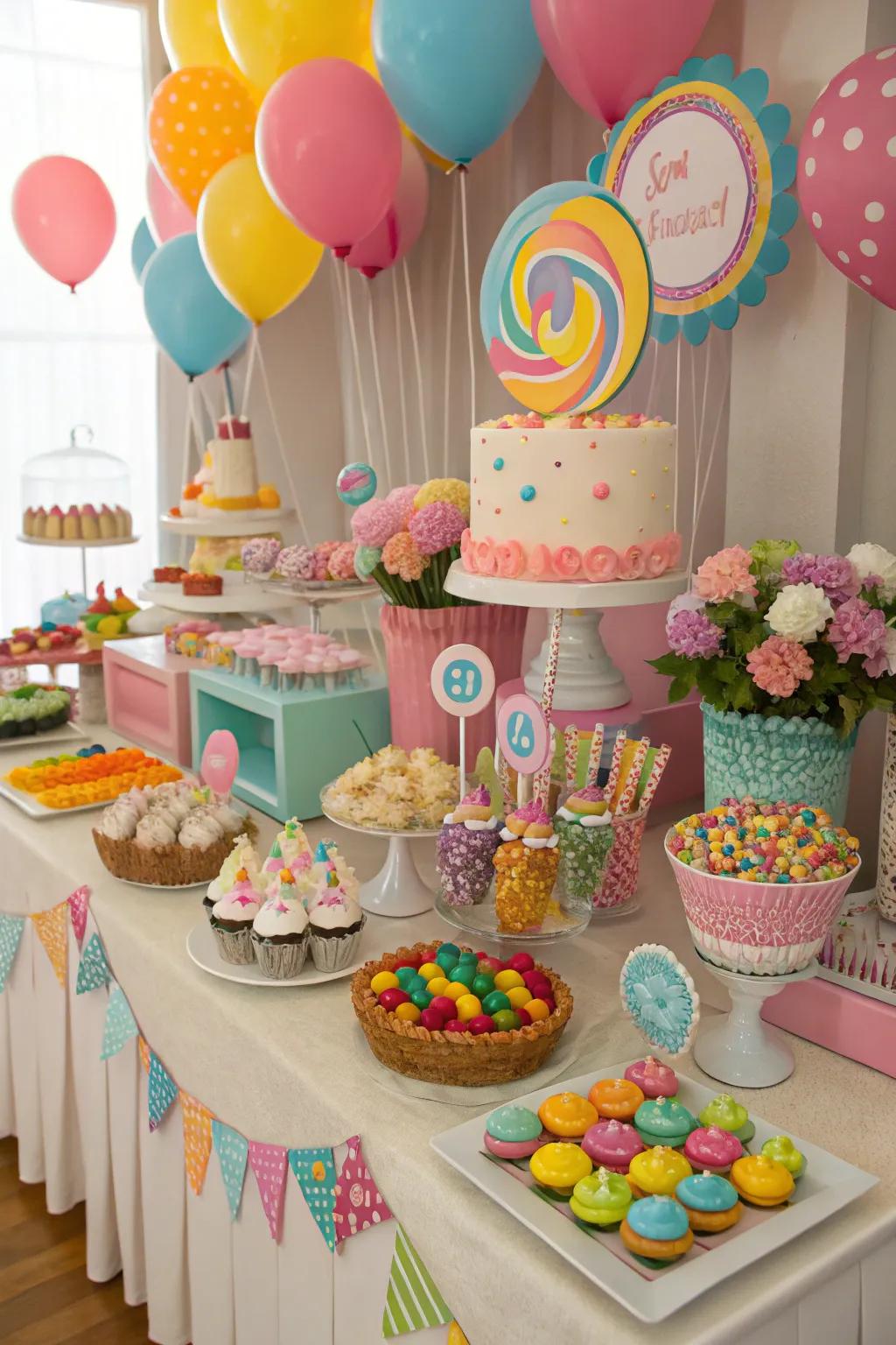 A dessert table overflowing with sweet treats in candyland style.