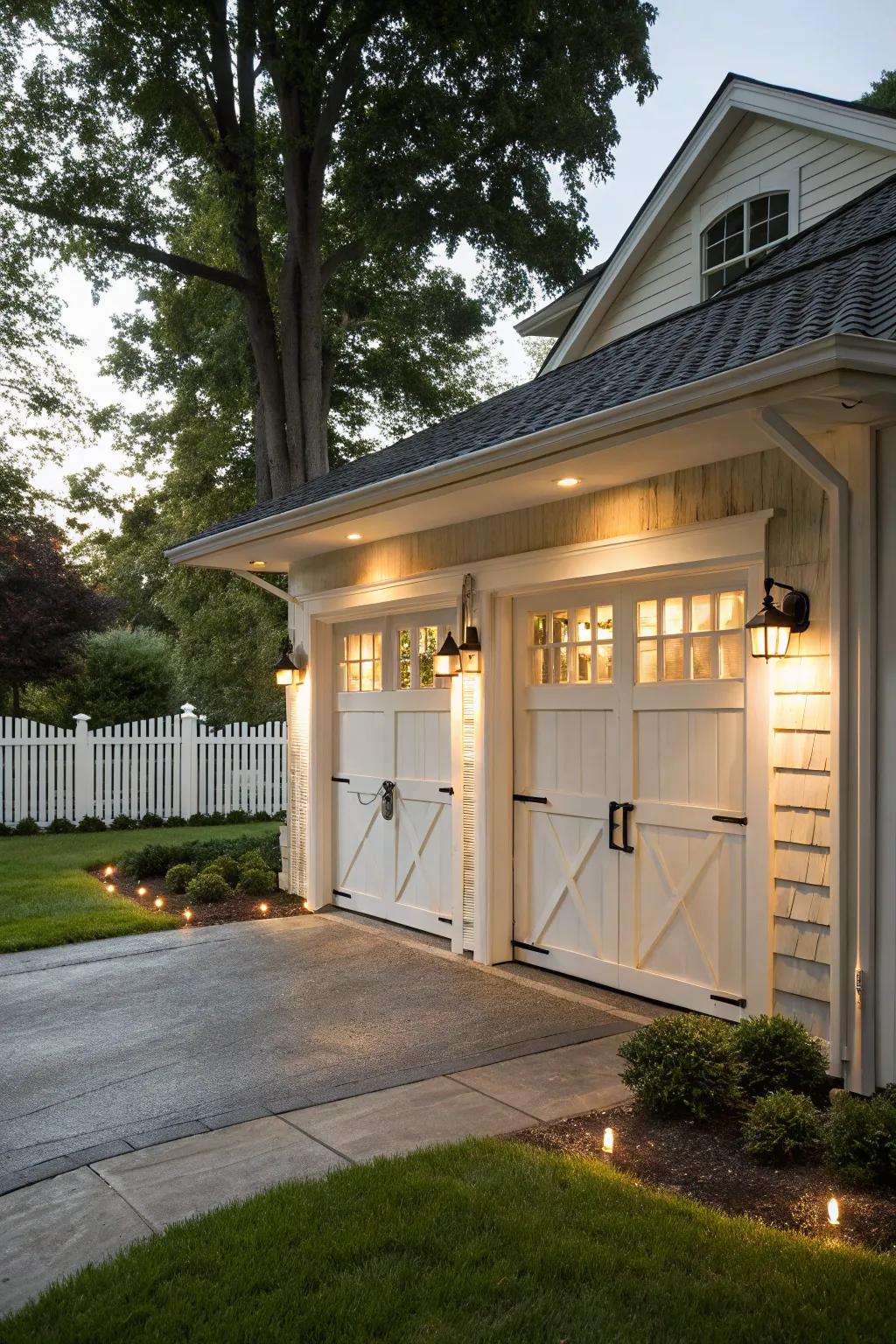 A classic carport design with elegant double doors, enhancing a traditional home setting.