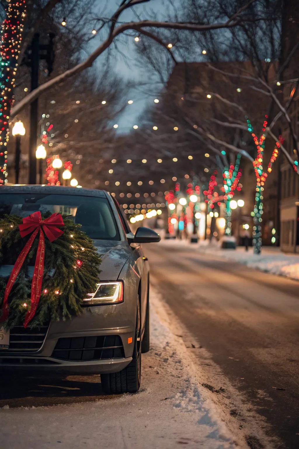 A car adorned with a festive wreath, bringing holiday cheer.