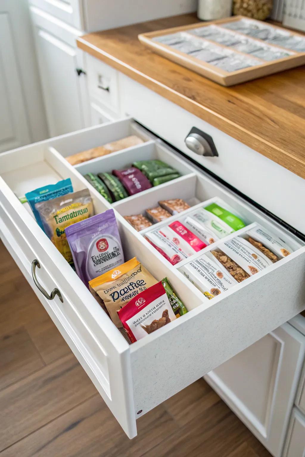 Custom drawer organizers perfect for storing cat food packets.