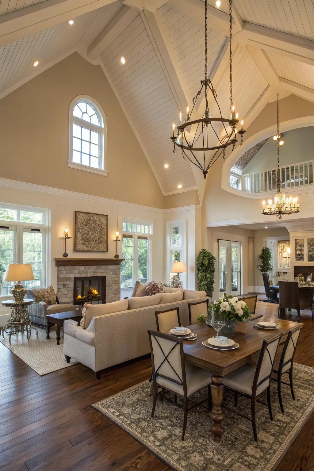 Open floor plans enhance the spaciousness of a cathedral ceiling.